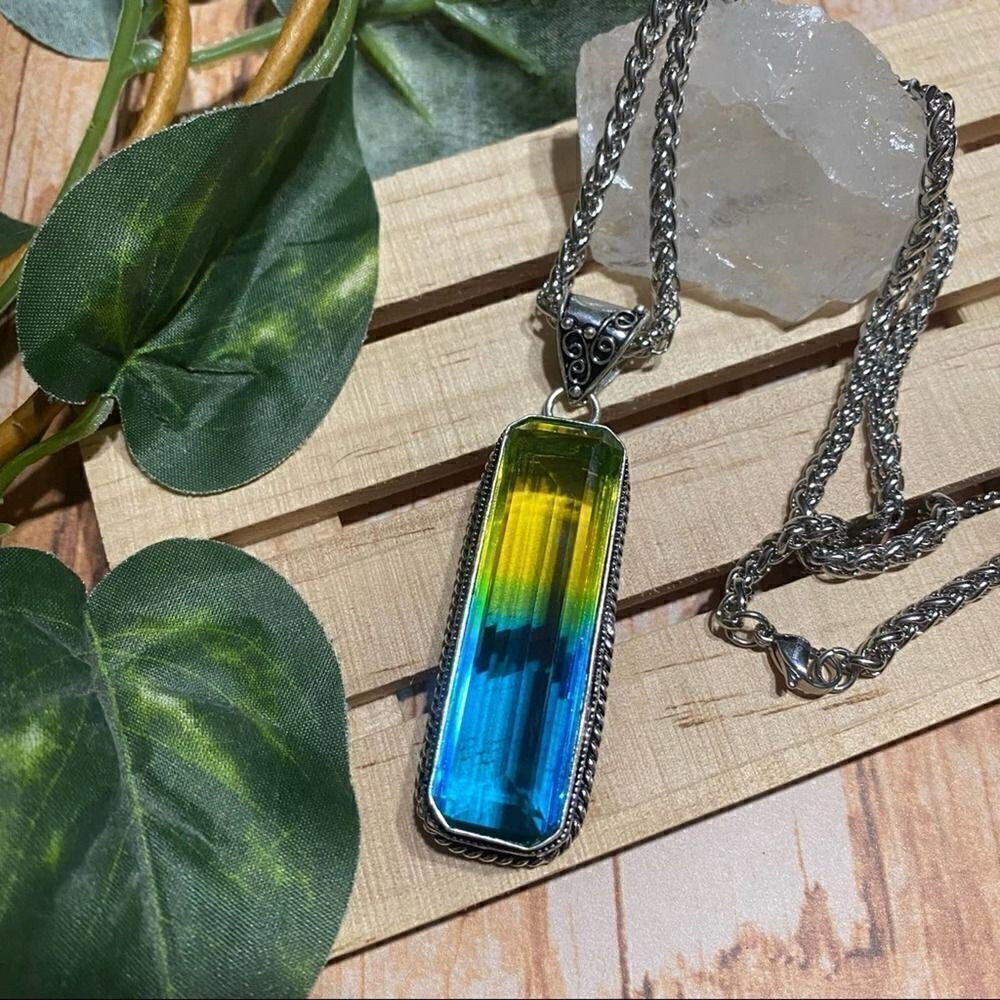 Bi-Color Tourmaline Pendant Blue Yellow Stainless Steel Necklace